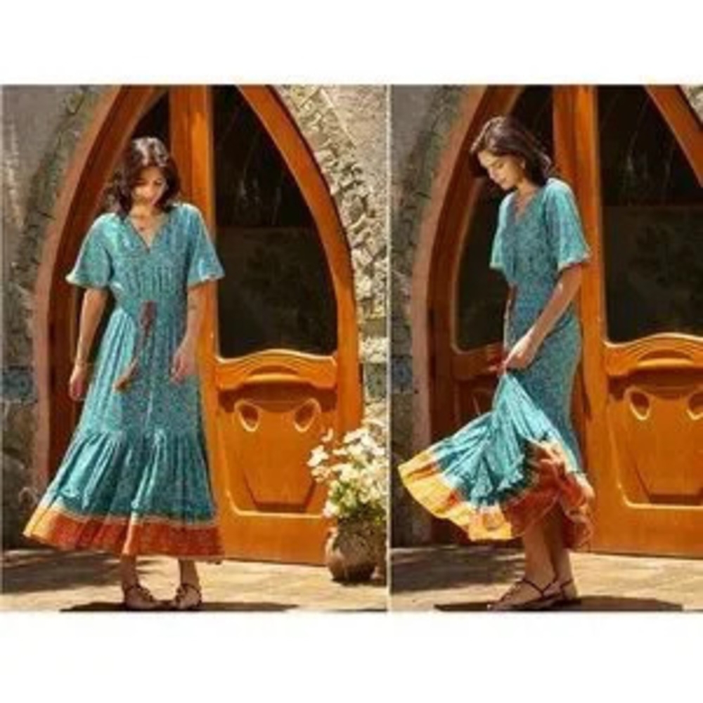 Floral Teal and Orange Maxi Dress boho maxi - Picture 4 of 5